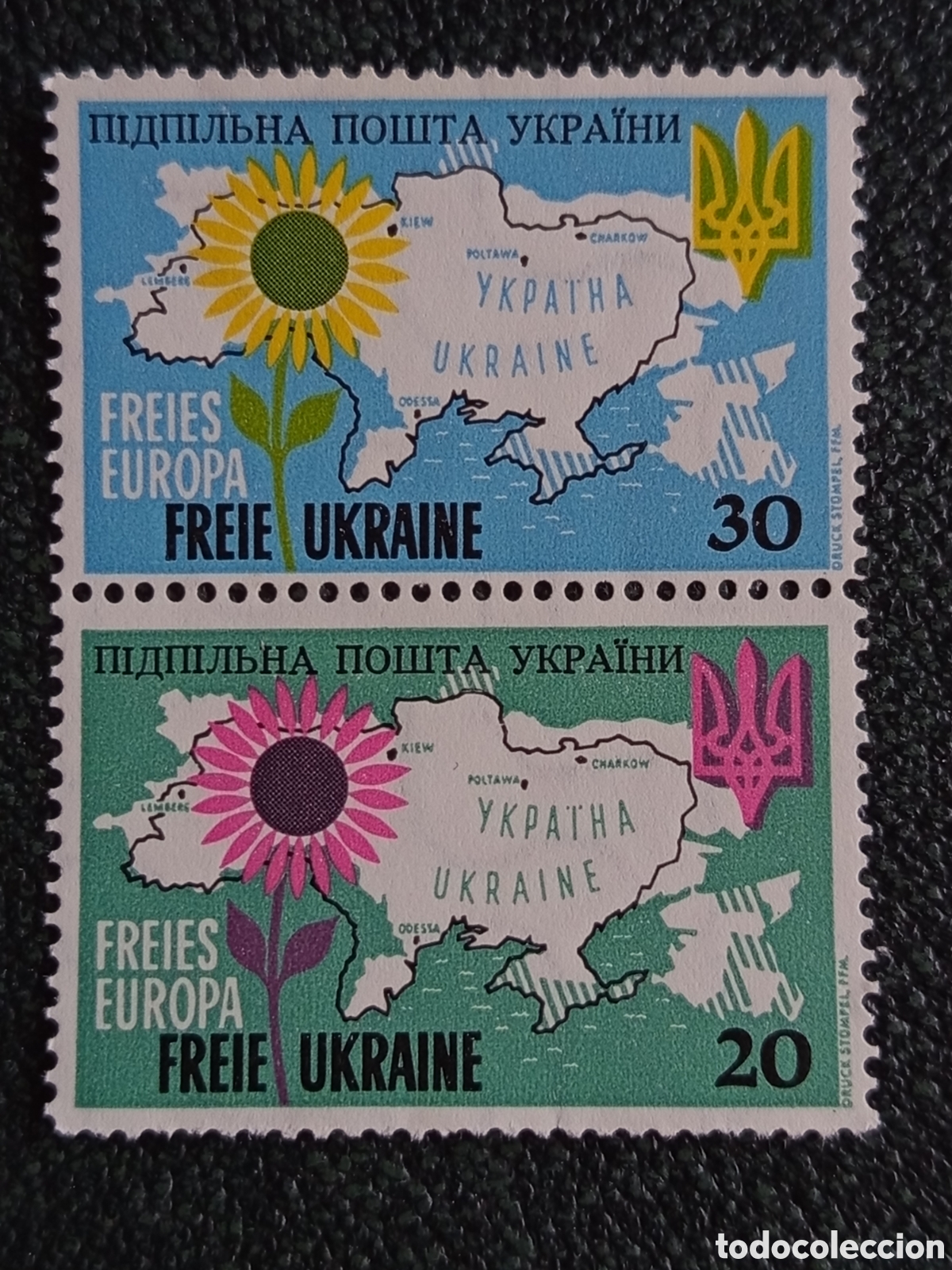 Sellos: Ucrania Correo Clandestino (UPU) 1950s Europa Libre 20 y 30 (Pareja Vertical) MNH