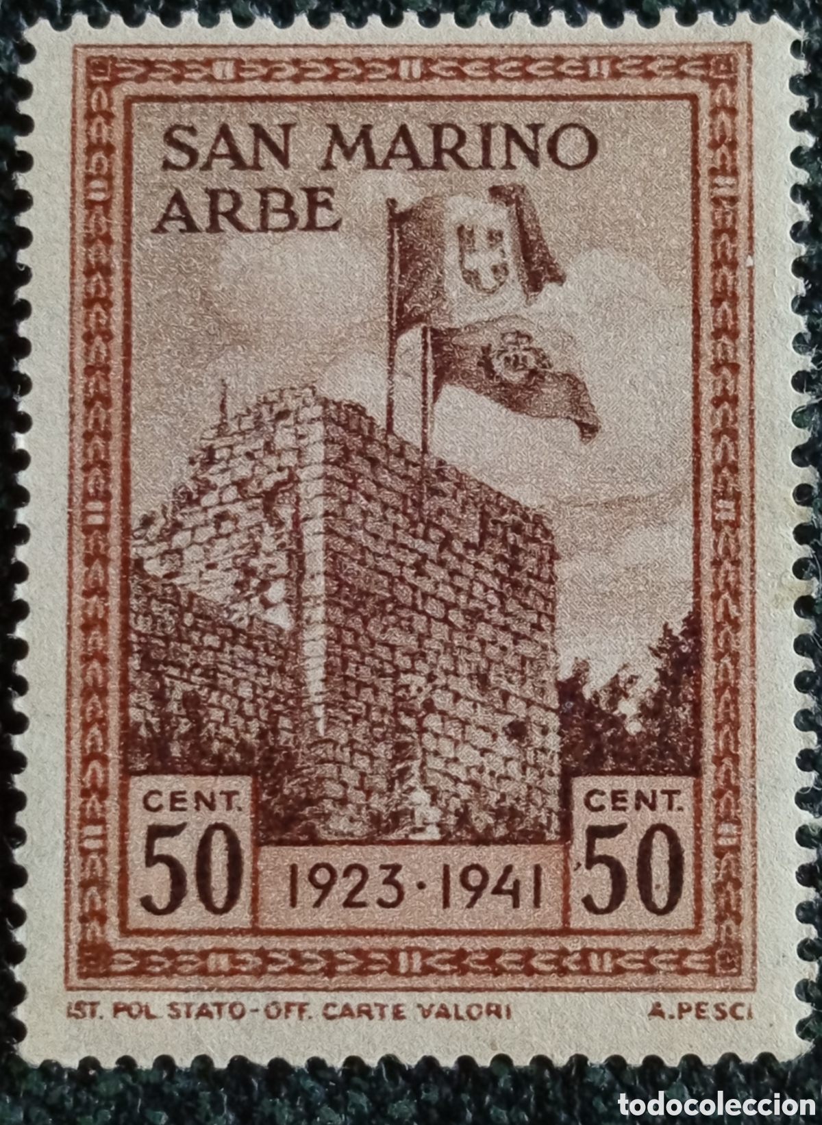 Sellos: San Marino 1941 Sello Conmemorativo 50c Marr&oacute;n Relaciones San Marino Arbe MNH