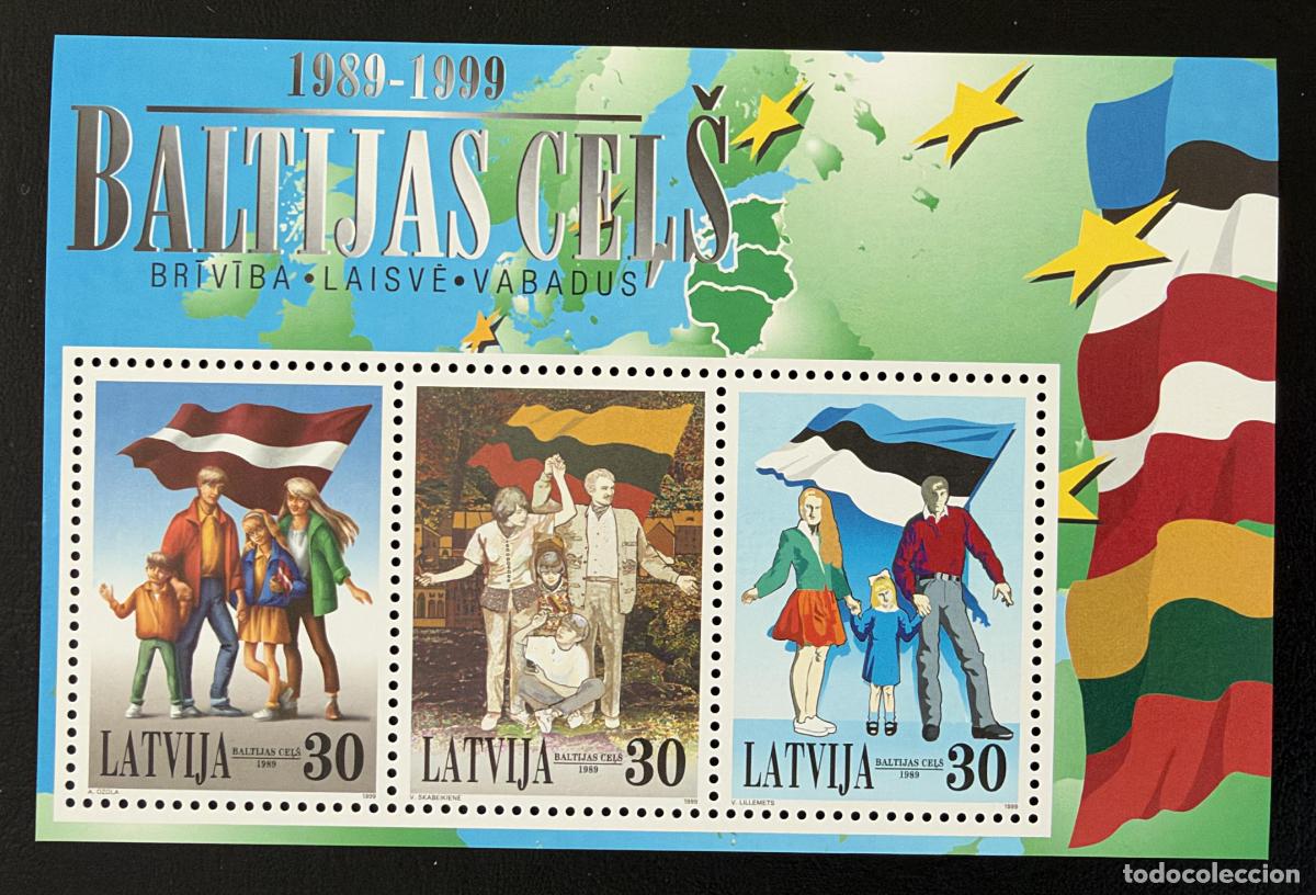 Sellos: Letonia 1999 Mi. Bl. 13 emisi&oacute;n conjunta V&iacute;a B&aacute;ltica banderas libertad