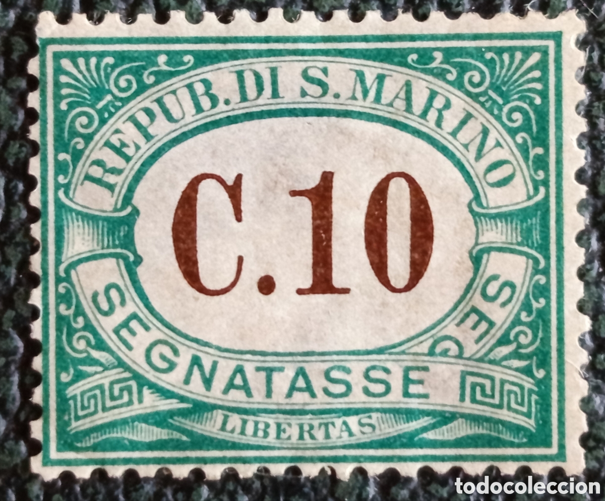 Sellos: San Marino 1926 Tasa Postal 10 C&eacute;ntimos Verde y Marr&oacute;n - Sassone Segnatasse #8 mh
