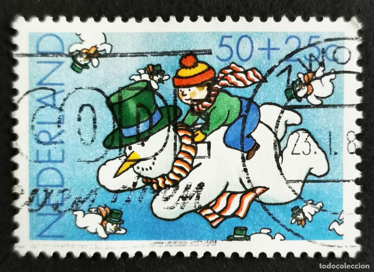 Sellos: Sello Pa&iacute;ses Bajos 1983, Ni&ntilde;o en un mu&ntilde;eco de nieve volador, 50+25 c. Michel: NL 1242