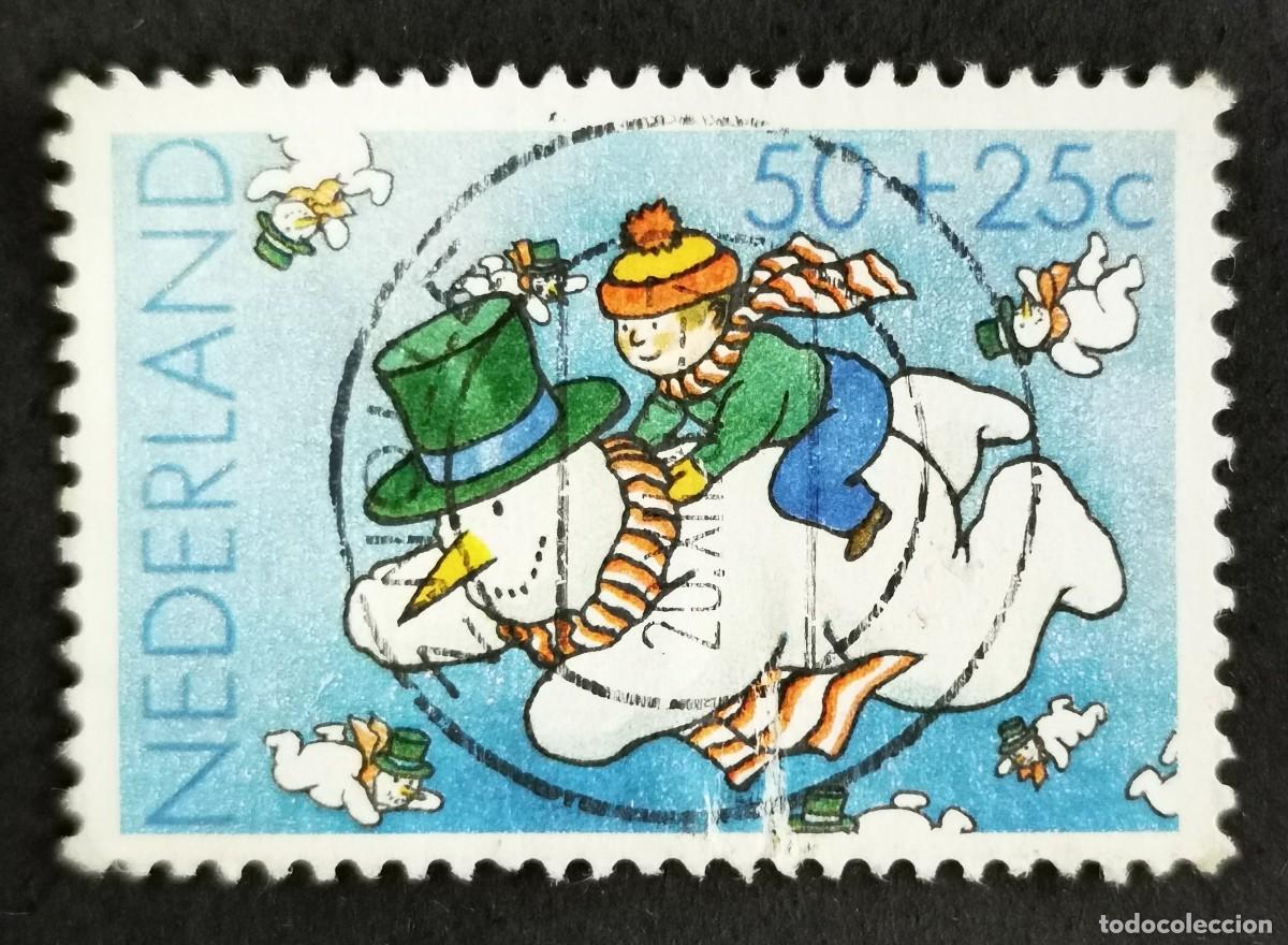 Sellos: Sello Pa&iacute;ses Bajos 1983, Ni&ntilde;o en un mu&ntilde;eco de nieve volador, 50+25 c. Michel: NL 1242
