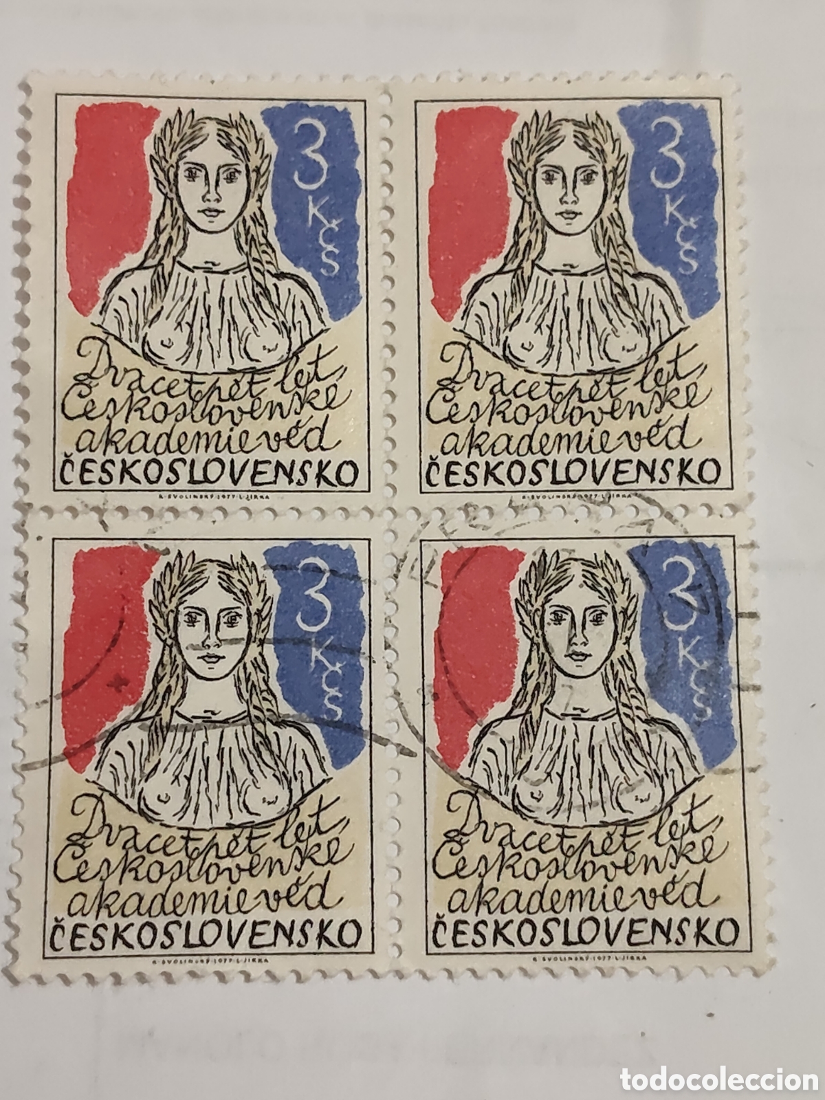 Sellos: Bloque de 4 sellos de Checoslovaquia 25 aniversario de la academia de las ciencias Checa 1977