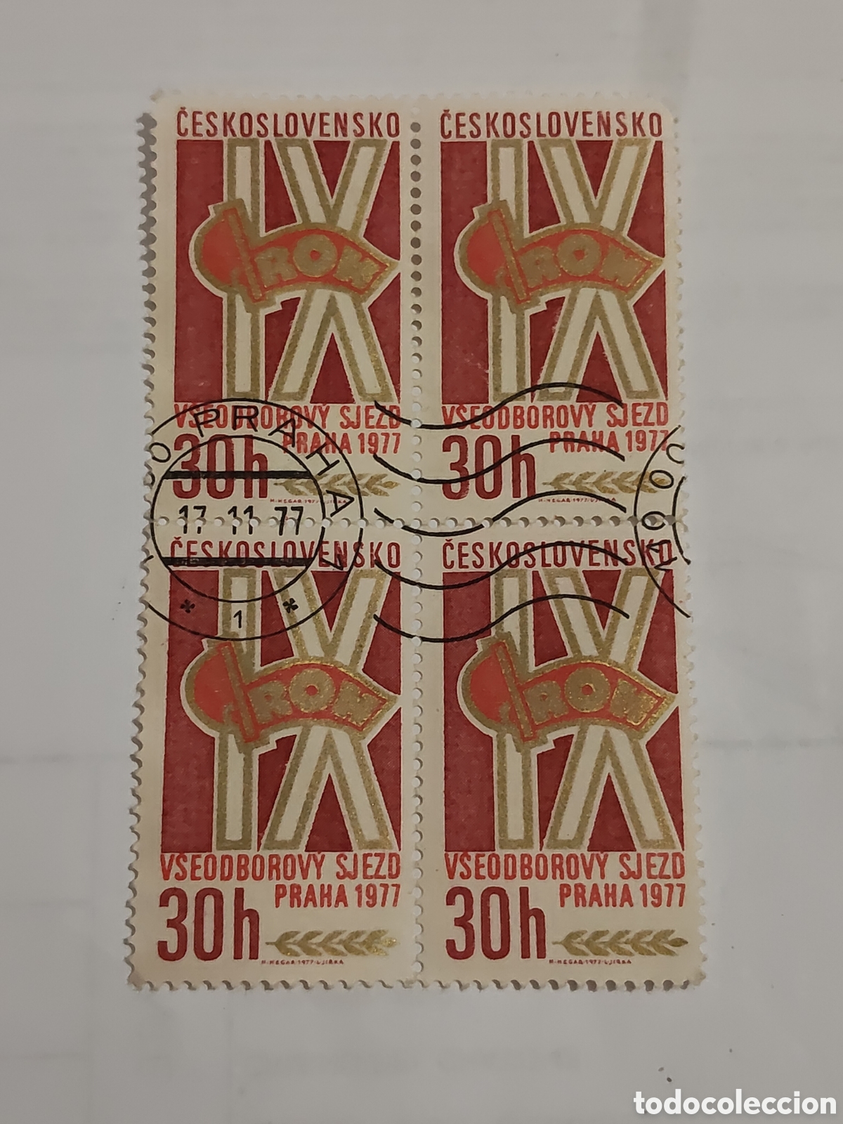 Sellos: Bloque de 4 sellos de Checoslovaquia lX Congreso de los sindicatos Praga 1977