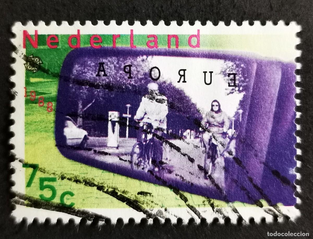 Sellos: Sello Pa&iacute;ses Bajos 1988, Ciclistas reflejados espejo retrovisor coche , 75 c. Michel: NL 1344