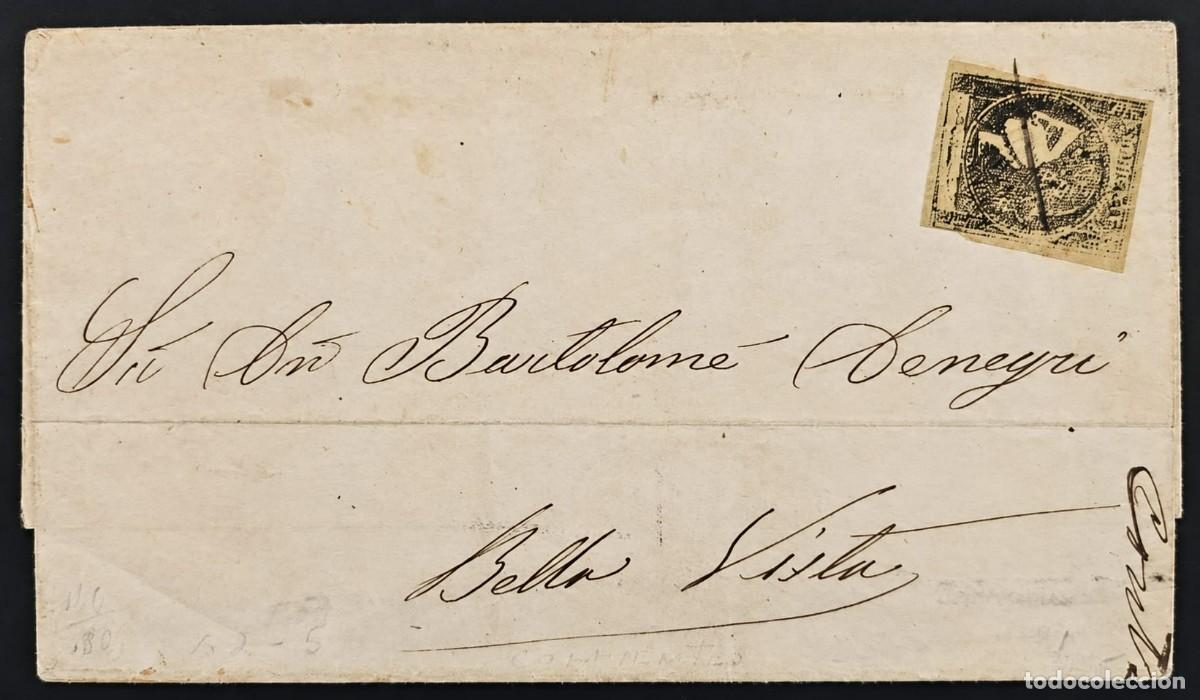 Sellos: MI) 1862 ARGENTINA,LETTER ADDRESSED TO BELLA VISTA, LIKELY 2 CENT STAMP ON YELLOW PAPER, PEN CANCELL