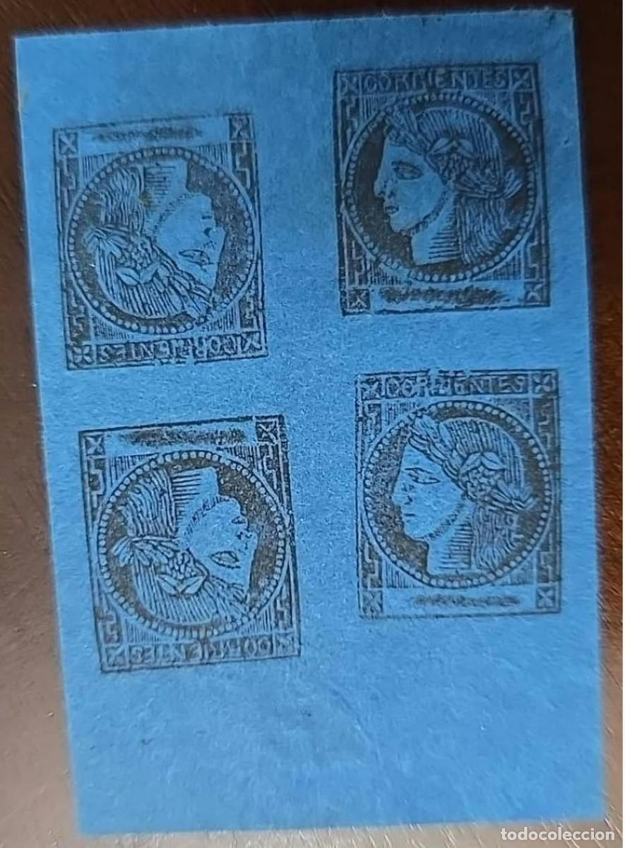Sellos: MI) 1871 CORRIENTES, CERES ISSUE, BLACK ON BLUE PAPER, UNUSED, IMPERFORATE BLOCK OF FOUR WHIT TWO TE
