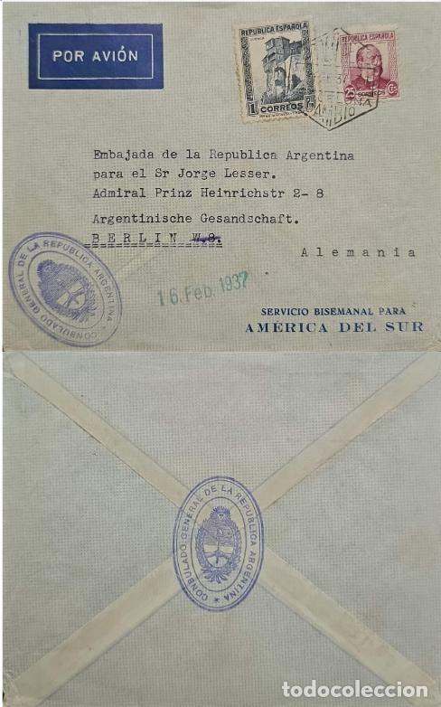Sellos: TS) 1937 SPAIN, AIRMAIL, COVER SENT FROM BARCELONA TO THE EMBASSY OF THE REPUBLIC OF ARGENTINA IN BE