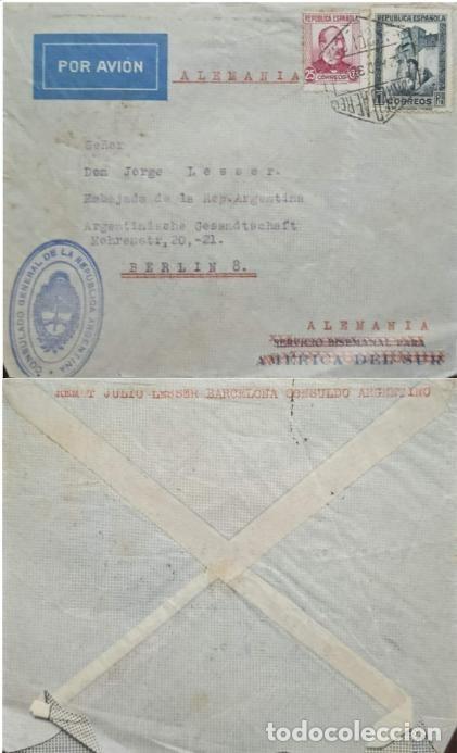 Sellos: TS) 1938 SPAIN, AIRMAIL, COVER SENT FROM BARCELONA TO THE EMBASSY OF THE REPUBLIC OF ARGENTINA IN BE