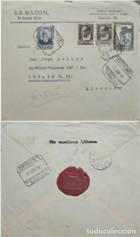 Sellos: TS) 1936 SPAIN, REGISTERED, SEALED, COVER SENT FROM BARCELONA TO BERLIN,CUENCA HANGING HOUSES MONUME