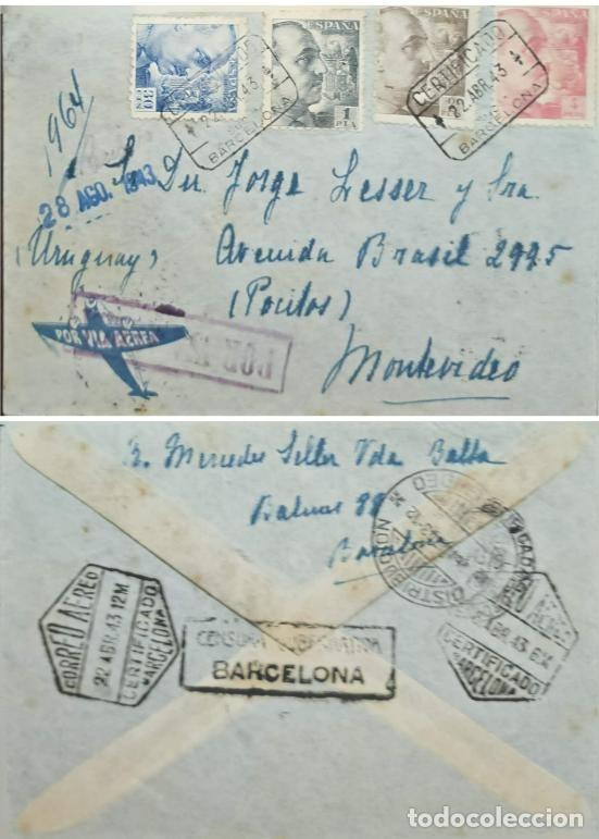 Sellos: TS) 1943 SPAIN, REGISTERED, CENSORSHIP, COVER SENT FROM BARCELONA TO MONTEVIDEO,GENERAL FRANCO AND T