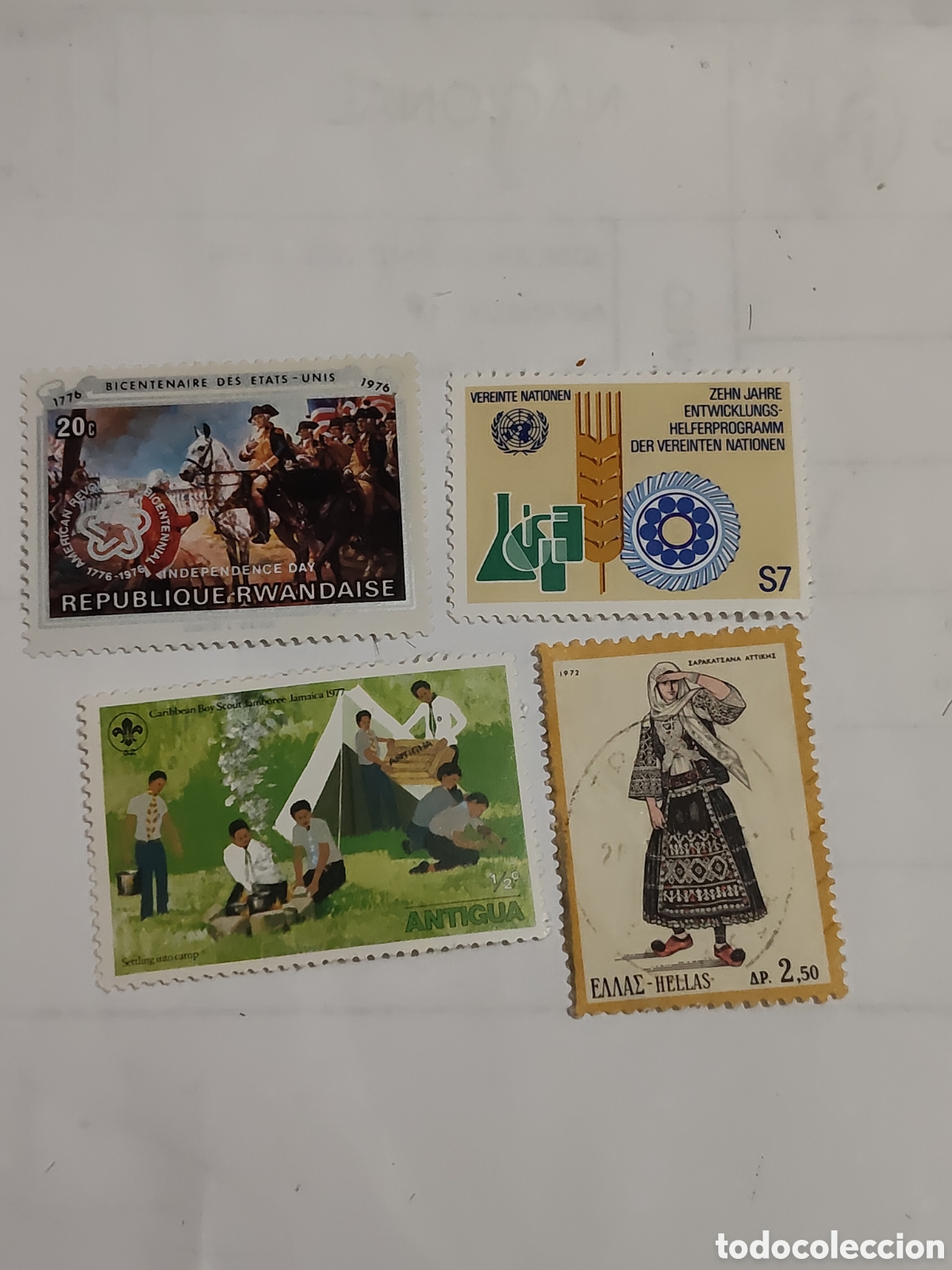 Timbres: 4 sellos de Ruanda-Grecia-Naciones Unidas y Isla Antigua
