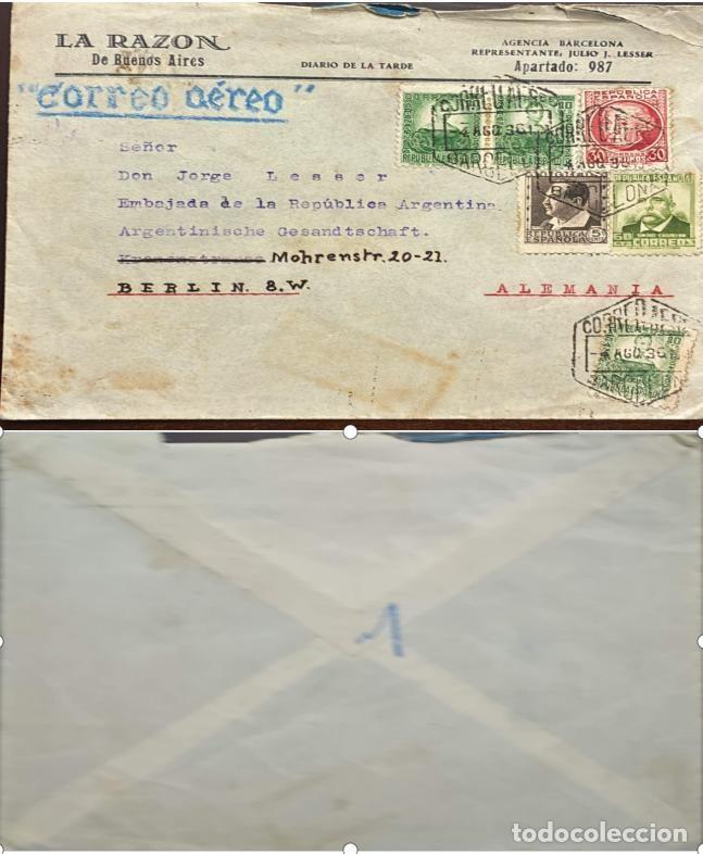Sellos: TS.) 1936, SPAIN, AIRMAIL COVER (BARCELONA&ndash;BERLIN ROUTE), BEARING THE LETTERHEAD OF &rdquo;LA RAZ&Oacute;N DE BUE