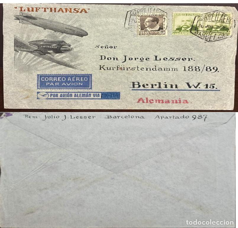 Sellos: TS.) 1935, ESPA&Ntilde;A, CUBIERTA, CORREO AEREO, DE BARCELONA-BERLIN, SOBRE CON DOS GRABADOS UN &rdquo;DIRIGIBLE