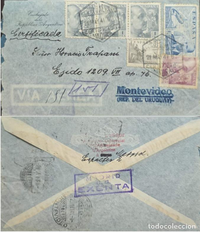 Sellos: TS.) 1941, SPAIN, COVER, AIRMAIL, FROM THE EMBASSY OF THE ARGENTINE REPUBLIC IN MADRID TO MONTEVIDEO