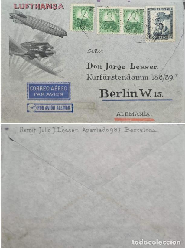 Sellos: TS.) 1935, SPAIN, AIRMAIL COVER FROM BARCELONA TO BERLIN, FEATURES TWO VIGNETTES DEPICTING GERMAN CO