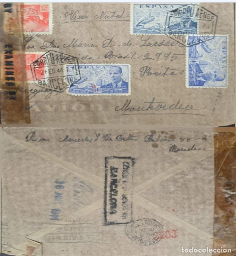 Timbres: TS.) 1944, SPAIN, HISTORIC AIRMAIL COVER FROM BARCELONA TO MONTEVIDEO, FEATURES THREE BLUE STAMPS BE