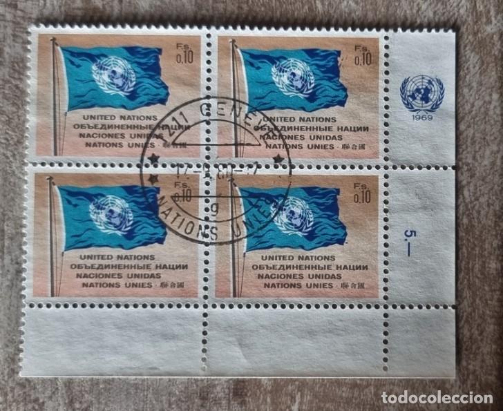 Timbres: BLOQUE 4 SELLOS NACIONES UNIDAS 1969 BANDERAS. MATASELLO GENEVE