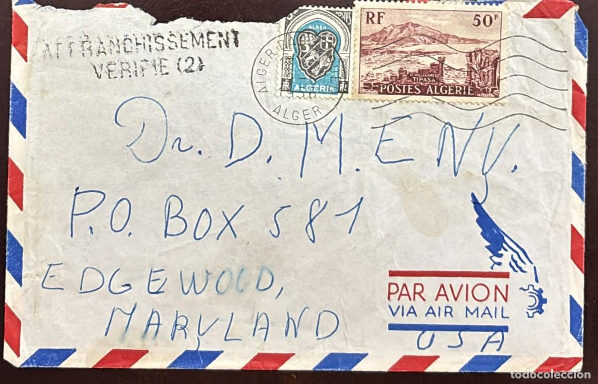 Timbres: MI) 1955 ALGERIA, SILENT CANCELLATION, VERIFIED, AIRMAIL, COVER SENT FROM ALGIERS TO MARYLAND,BIMILL