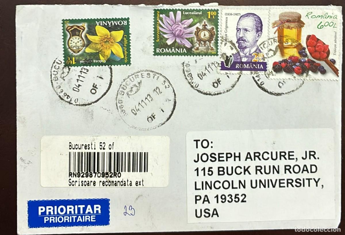 Timbres: MI) 2013 ROMANIA, REGISTERED & PRIORITY, COVER SENT FROM BUCHAREST TO PENNSYLVANIA,FLOWERS AND CLOCK