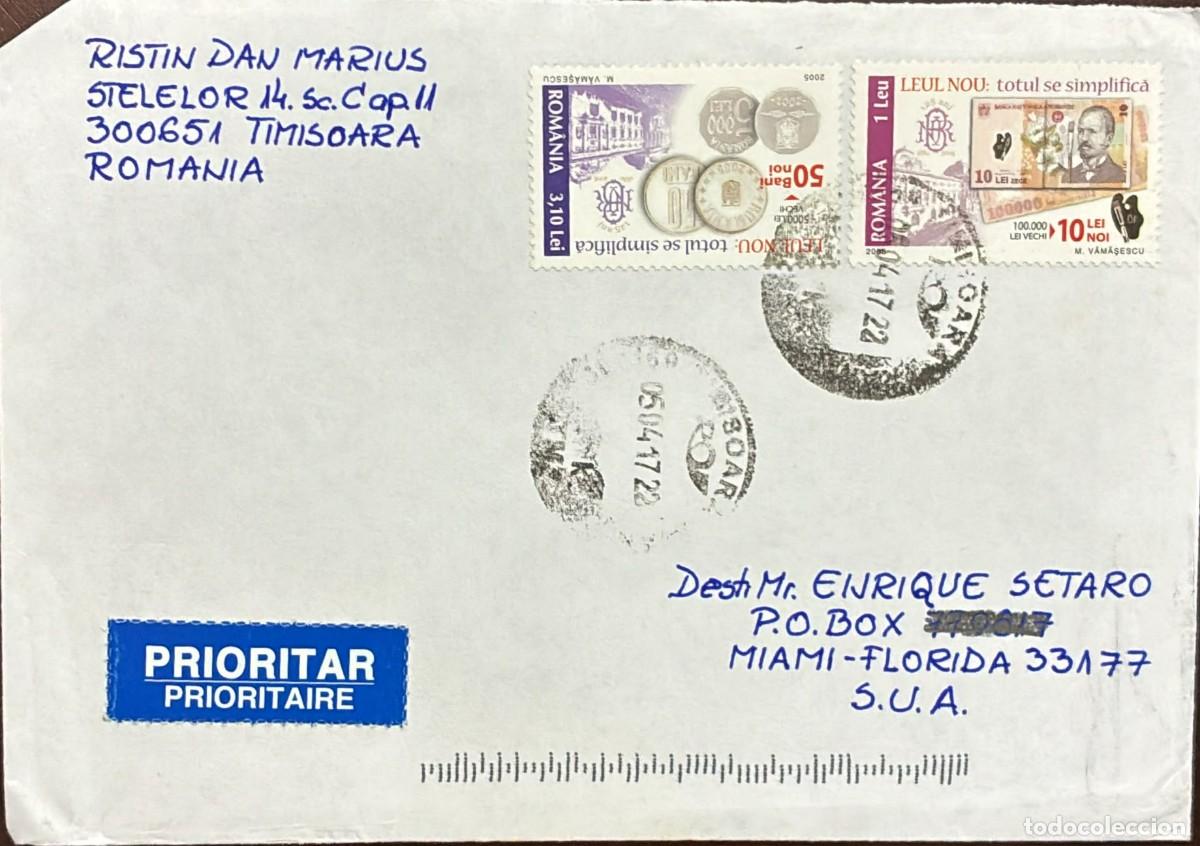Timbres: MI) 2017 ROMANIA, PRIORITY, COVER SENT FROM TIMIȘOARA TO MIAMI,ENTRY INTO FORCE OF THE NEW LEU. COIN
