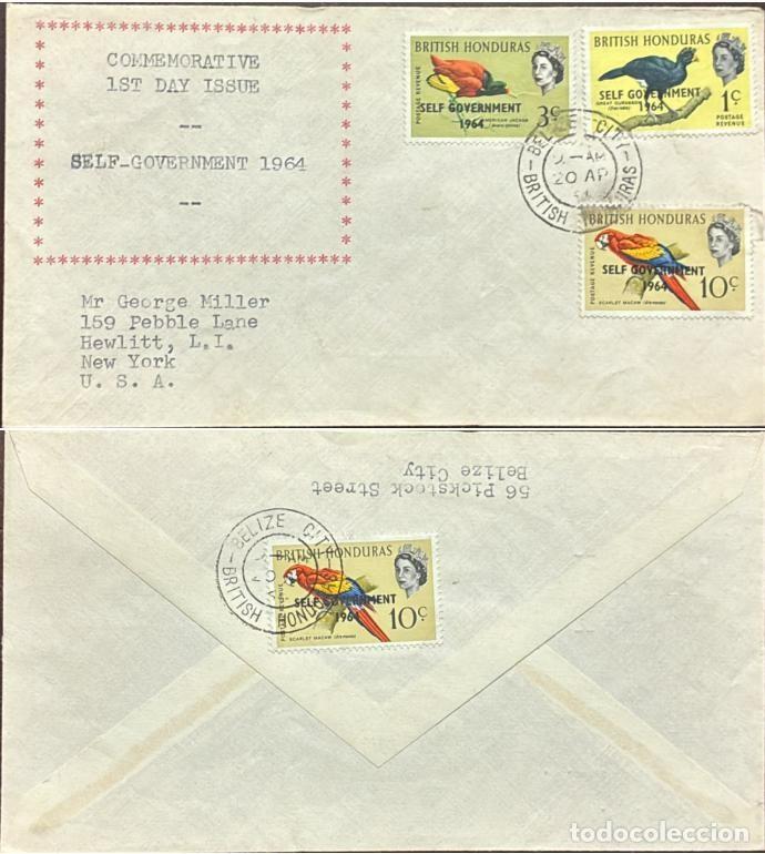 Timbres: MI) 1964 BRITISH HONDURAS, FDC, COVER SENT FROM BELIZE CITY TO NEW YORK,1962 SERIES STAMPS OVERPRINT