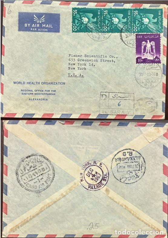 Timbres: MI) 1963 EGYPT, WITH MULTIPLE CANCELLATIONS, AIRMAIL, COVER SENT FROM ALEXANDRIA TO NEW YORK,WITH TH