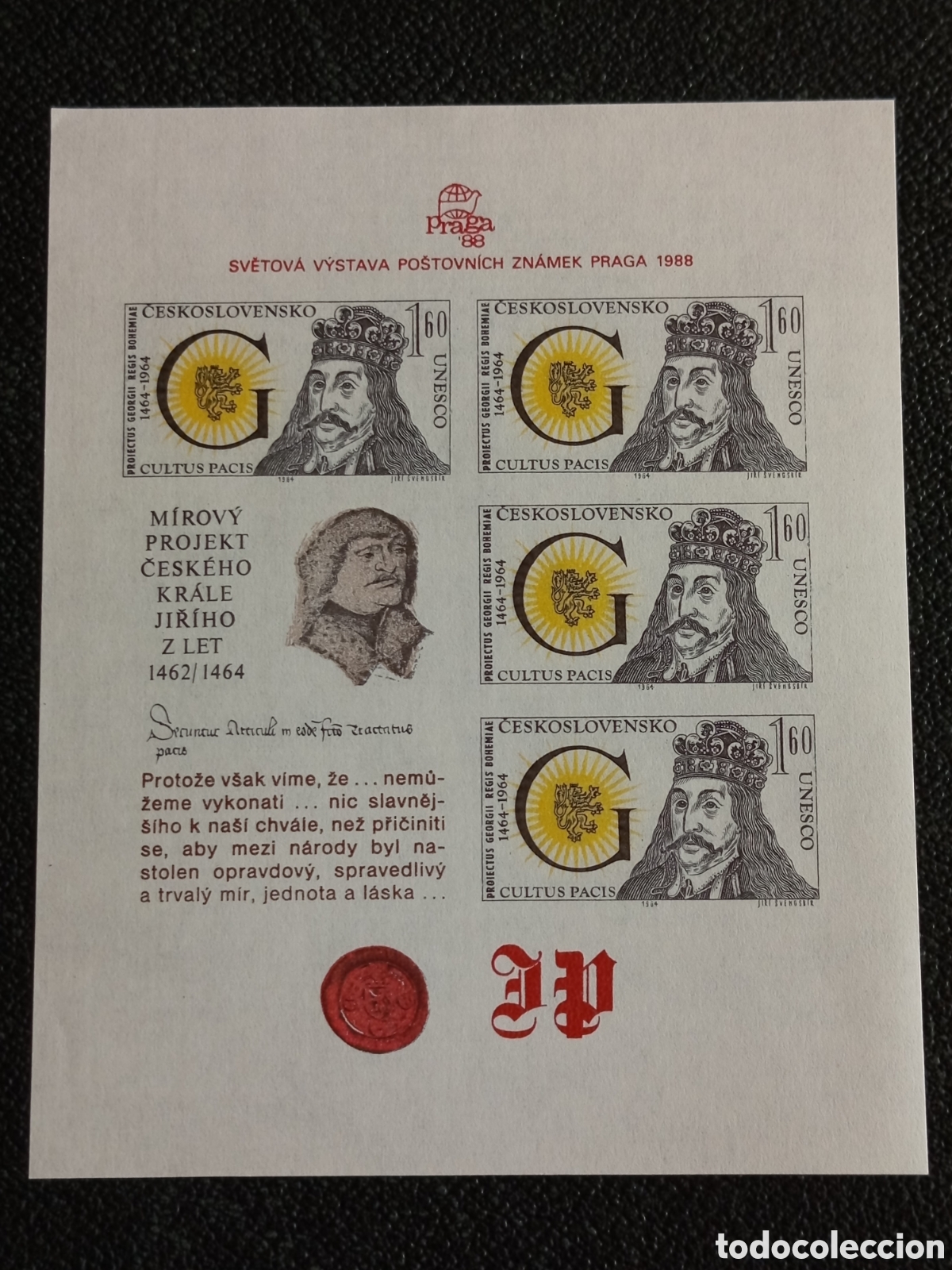 Timbres: Hoja Bloque Checoslovaquia 1988 Plan de Paz Rey Jorge Praga 88 MNH Yvert 84A