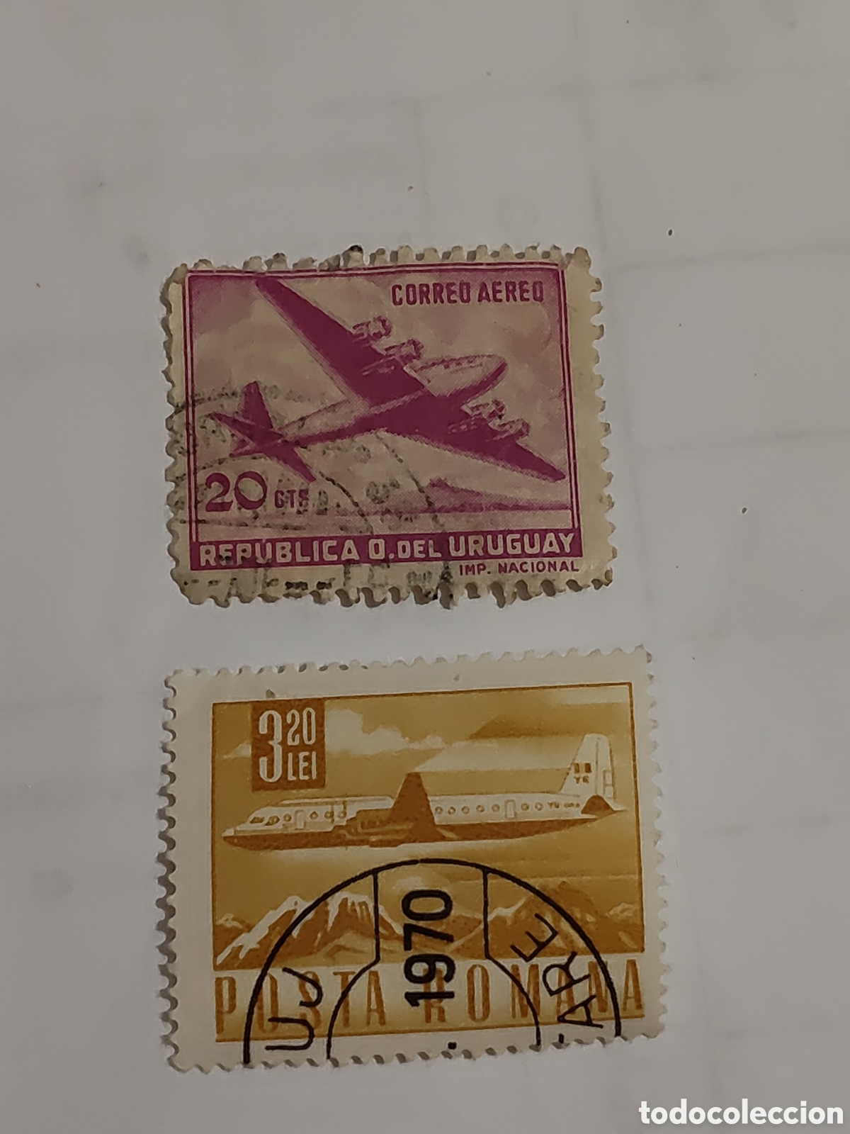 Timbres: 2 sellos antiguos de Ruman&iacute;a y Uruguay aviones