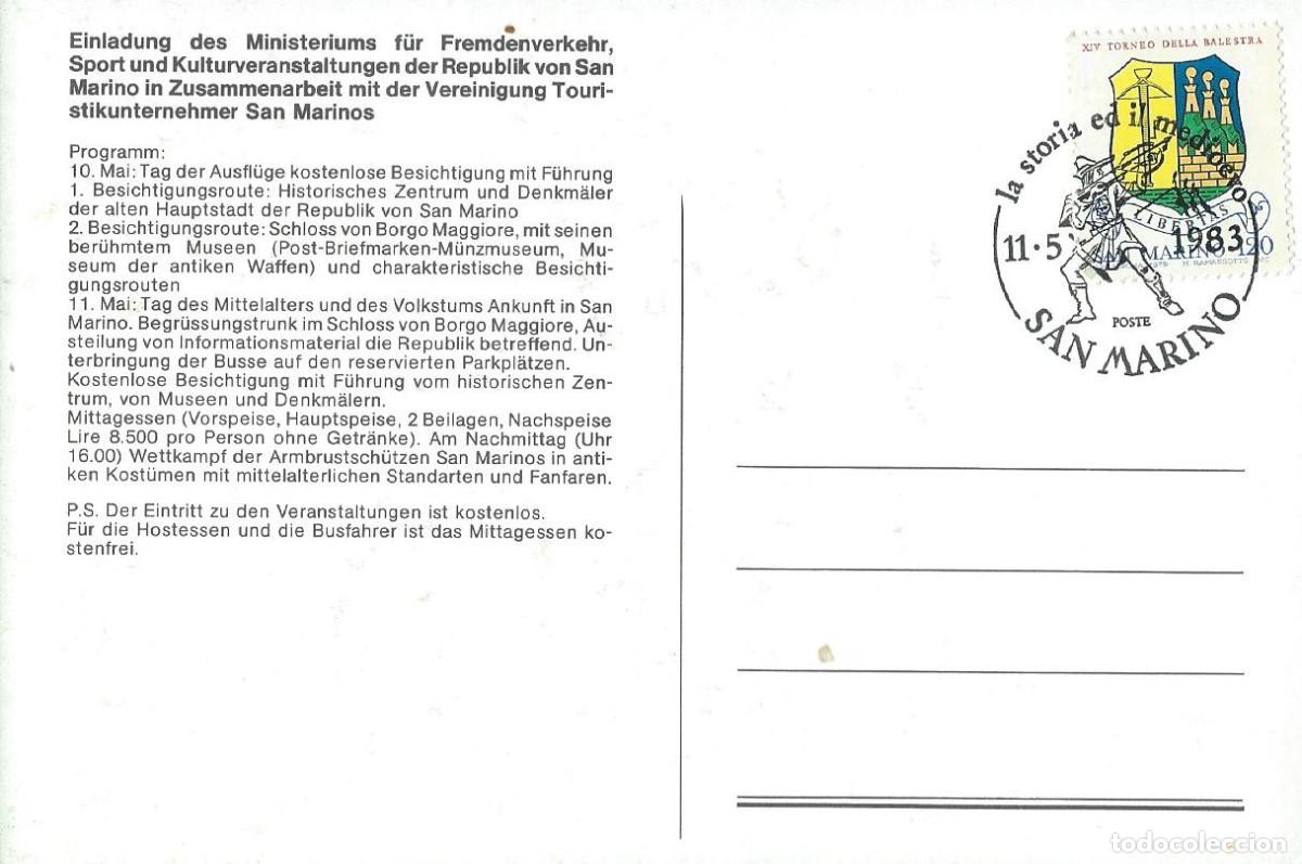Sellos: 1983. SAN MARINO. MATASELLOS/POSTMARK. HISTORIA EDAD MEDIA. BALLESTA/CROSSBOW. ARMAS/WEAPONS.