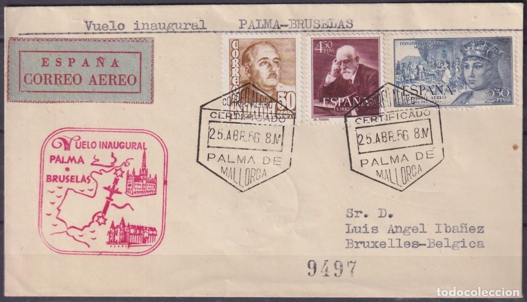 Stamps: F-EX64161 SPAIN 1956 FIRST FLIGHT PALMA DE MALLORCA - BRUSELAS BELGIUM.