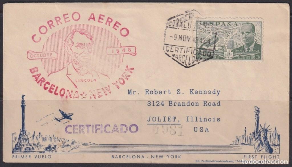 Stamps: F-EX64412 SPAIN 1948 REGISTERED LINCOLN FIST FLIGHT BARCELONA &ndash; NEW YORK USA.