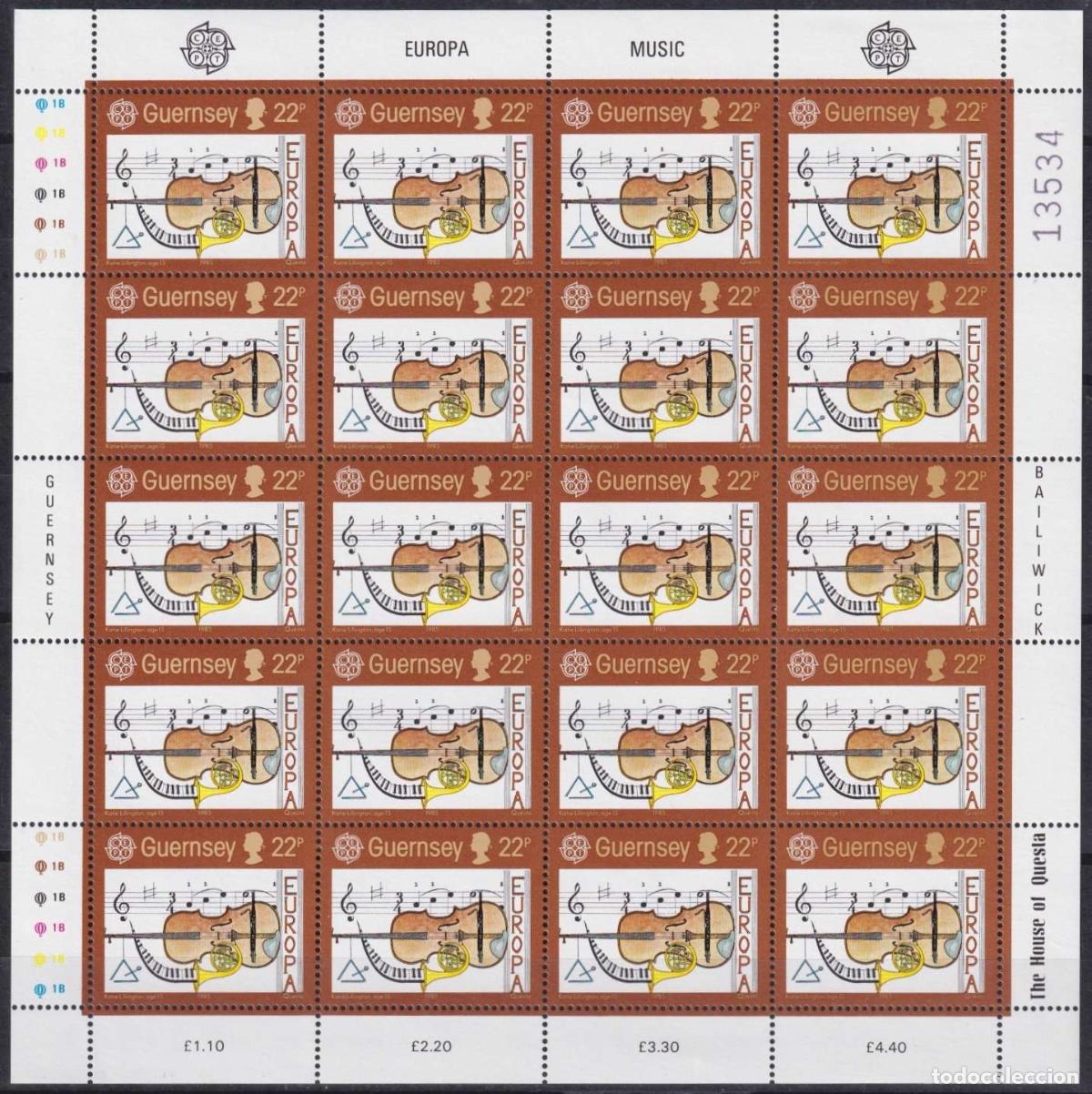 Stamps: F-EX62246 GUERNSEY ENGLAND UK MNH 1985 EUROPA CEPT MUSIC COMPLETE SHEET.