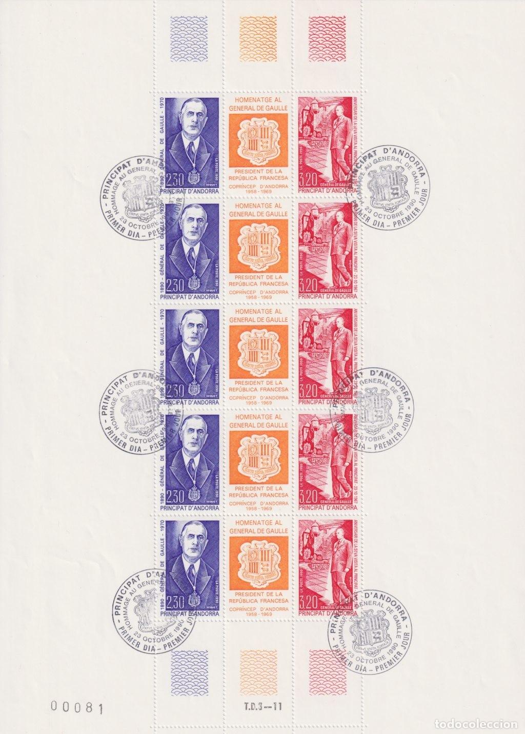 Francobolli: F-EX65034 FRENCH ANDORRA USED ORIGINAL GUM 1990 CHARLES DE GAULLE SPECIAL SHEET.