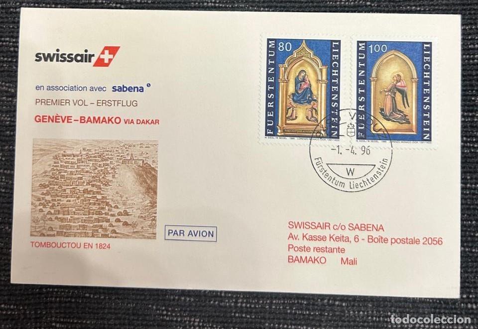 Sellos: O) 1996 LIECHTENSTEIN, SWISSAIR, FIRST FLIGHT, GENEVE - BAMAKO, MADONNA AND CHILD BY LORENZO MONA