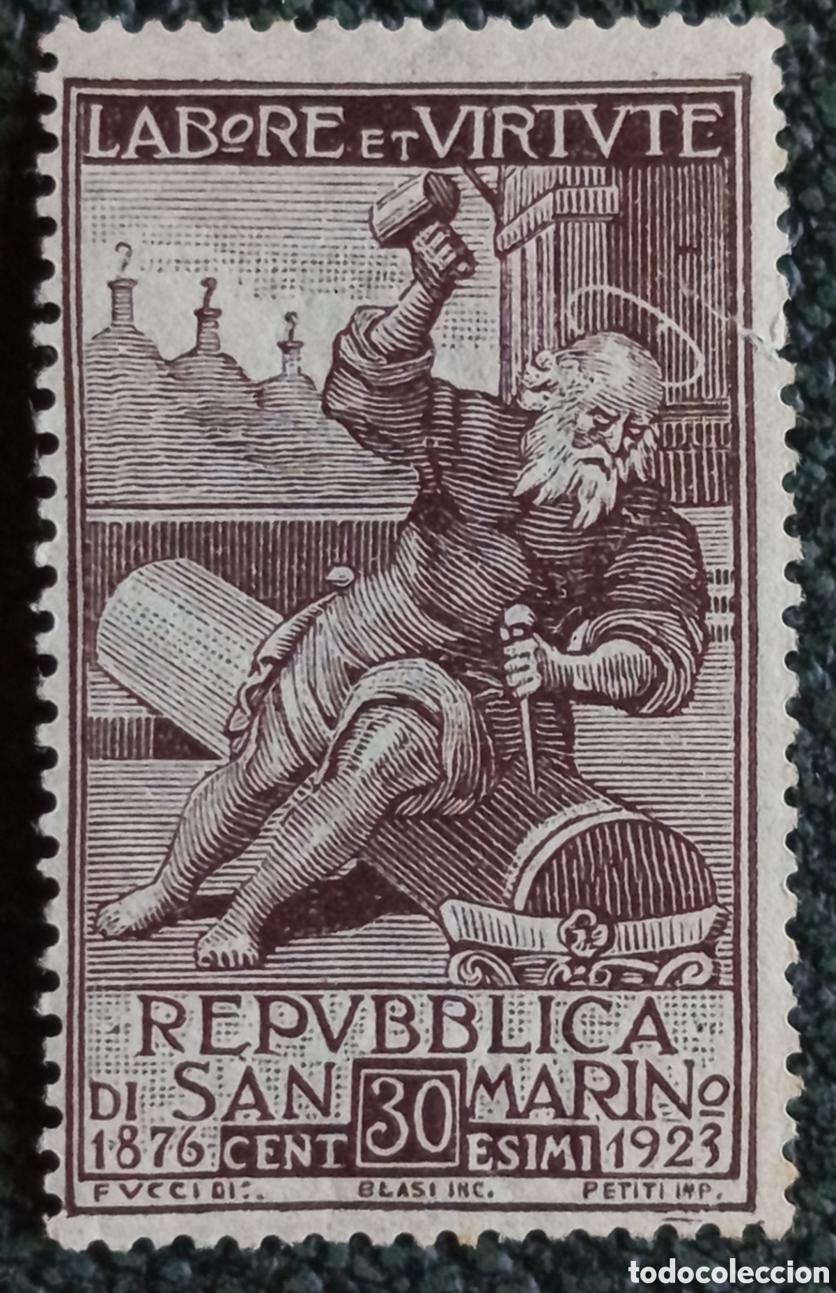 Sellos: San Marino 1923 Sello Sociedad Mutuo Socorro Scalpellino 30c Scott 81 MNH