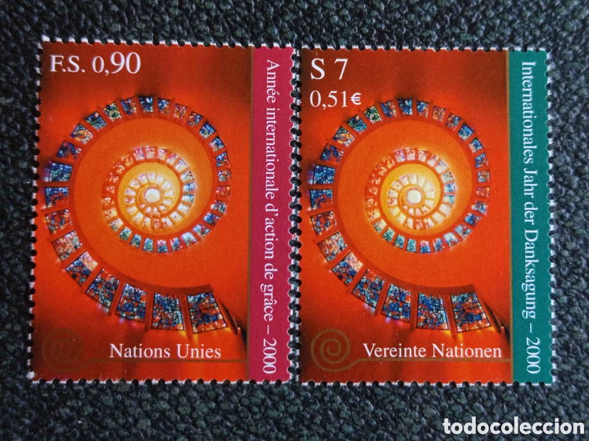 Sellos: Sellos ONU 2000 Acci&oacute;n de Gracias MNH Mi 384 (Ginebra) y Mi 301 (Viena)