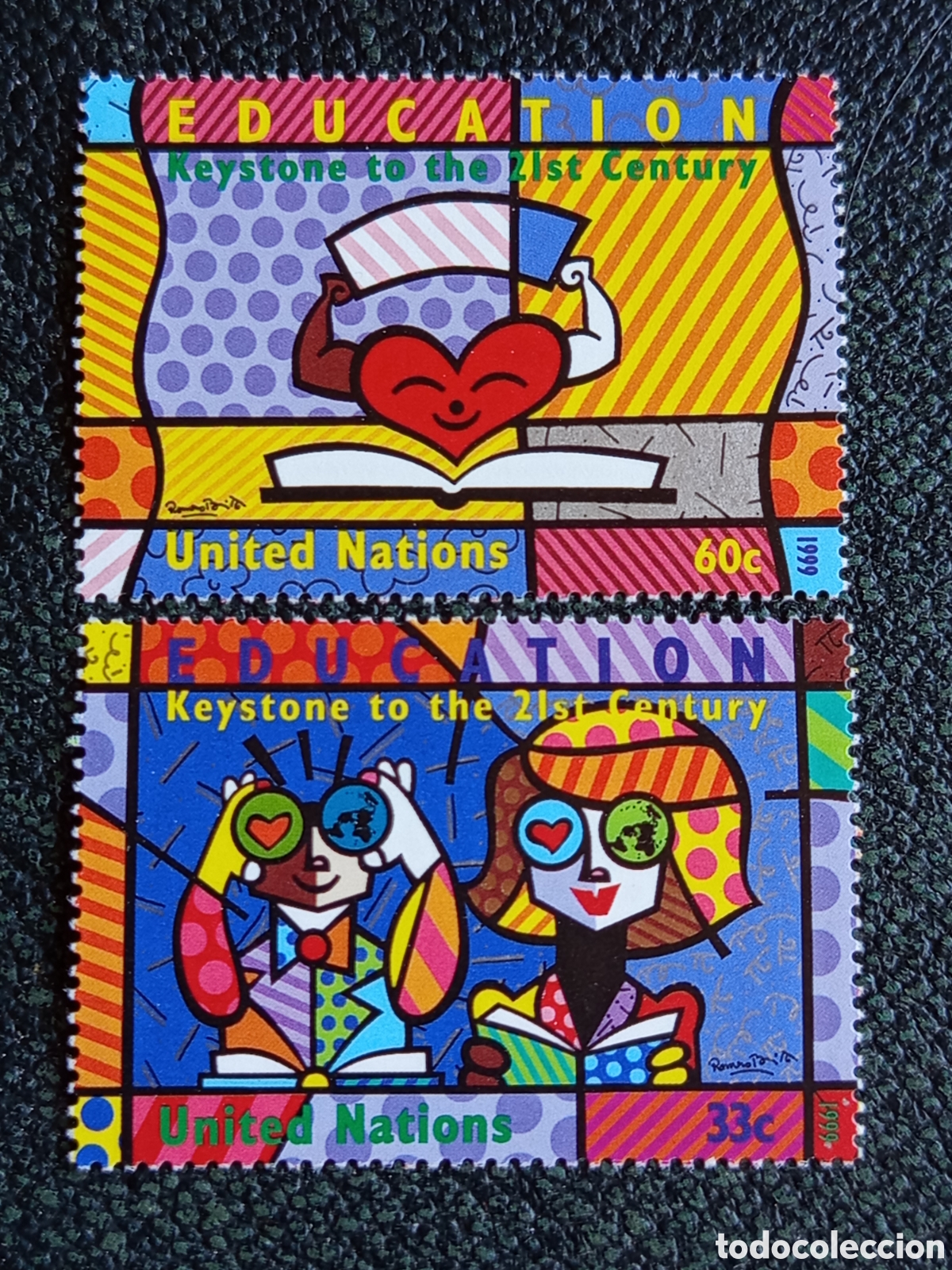 Sellos: Pareja Sellos ONU 1999 Educaci&oacute;n Romero Britto MNH Scott UN770 / UN771