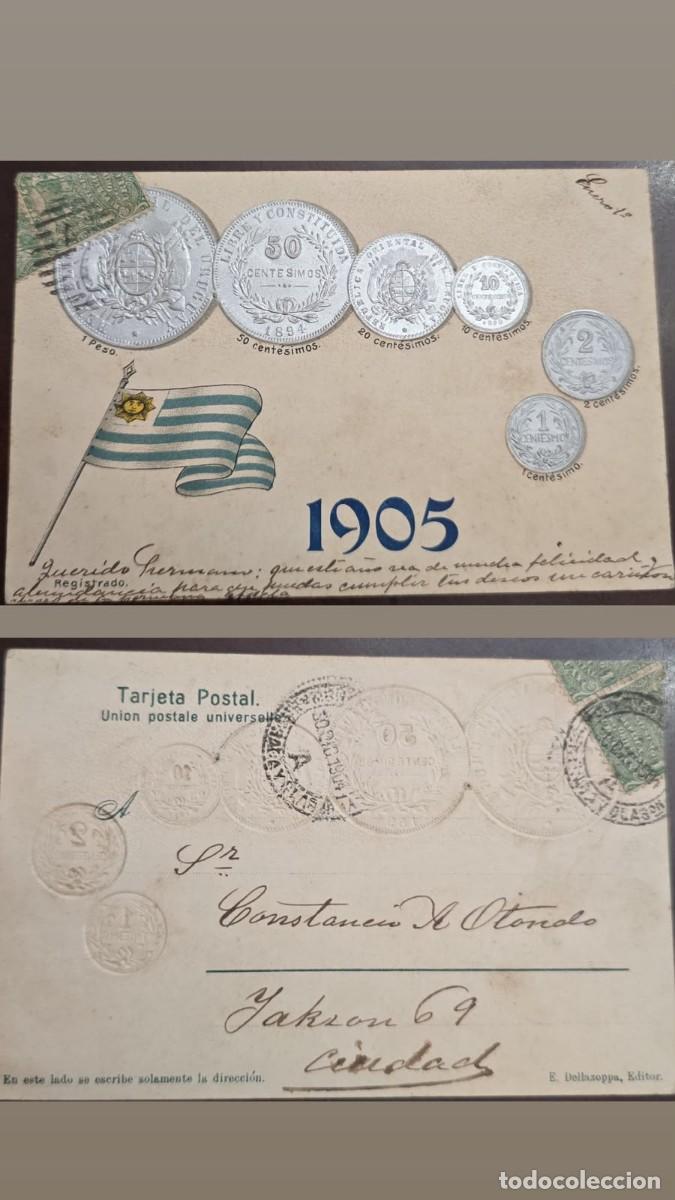 Sellos: KV)1905 URUGUAY, COMMEMORATIVE POSTCARD FEATURING THE URUGUAYAN FLAG AND ILLUSTRATIONS OF NATIONAL C