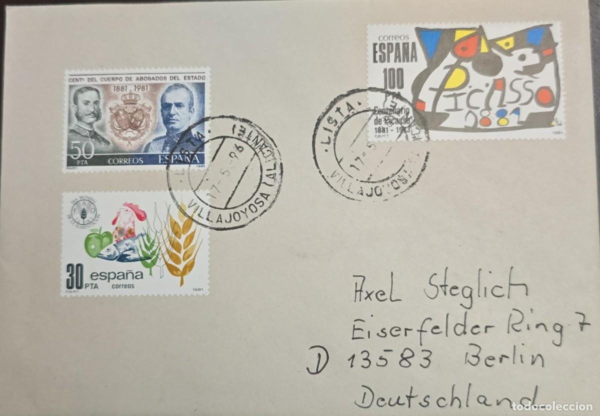 Sellos: KV)1981 SPAIN, COVER SENT FROM VILLAJOYOSA ALICANTE SPAIN TO BERLIN GERMANY ADDRESSED TO AXEL STEGLI