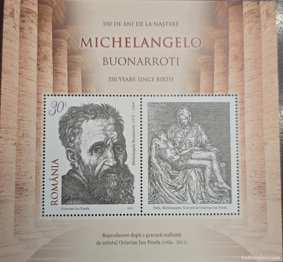 Sellos: KV)2025 ROMANIA, COMMEMORATIVE SOUVENIR SHEET OF MICHELANGELO BUONARROTI ISSUED IN ROMANIA AS A COLL