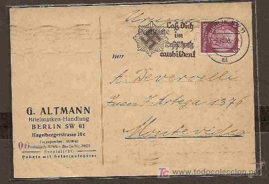 Sellos: ALEMANIA 1939 TARJETA CIRCULADA DE BERLIN A MONTEVIDEO - SVASTICA Y ESCUDO - Foto 1 - 19441287