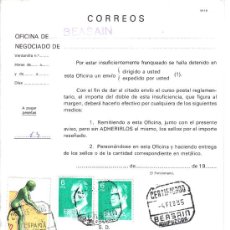 Francobolli: DOCUMENTO INTERNO DE CORREOS FRANQUEO INSUFICIENTE CON MAT CERTIFICADO DE BEASAIN GUIPUZCOA