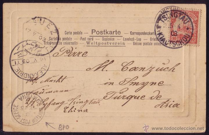 CHINA-KIAUTSCHOU/COLONIA ALEMANA.(CAT. 3).1903.T.P. DE TSINGTAU A SMYRNA (TURQUIA).CORREO INGLÉS.RRR (Sellos - Historia Postal - Sellos otros paises)