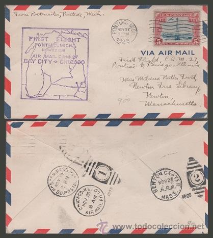 Francobolli: C3-16 (6) EE.UU. Carta circulada en el PRIMER VUELO   entre PONTIAC (Michigan) y NEWTON CENTER(Massa
