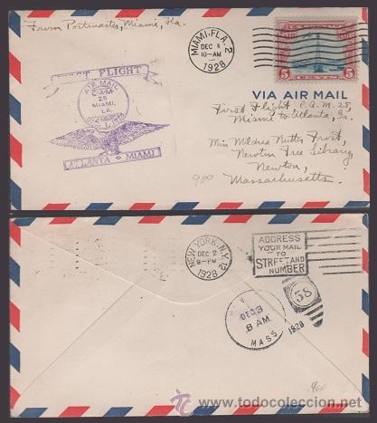 Stamps: C3-16 (14) EE.UU. Carta circulada en el PRIMER VUELO entre  MIAMI (Florida) y NEWTON (Massachusetts