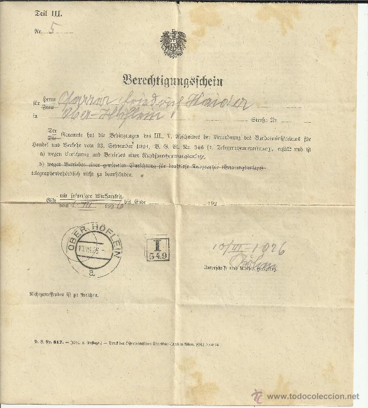 Sellos: AUSTRIA DOCUMENTO OBER HOFLEIN 1926 - Foto 1