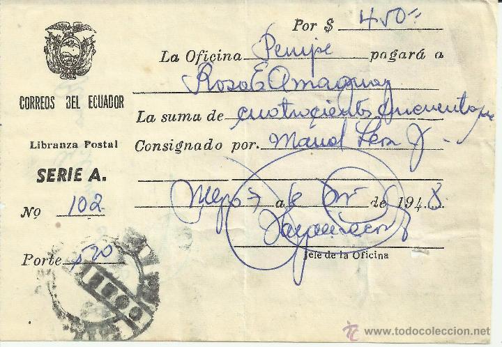 Sellos: ECUADOR 1948 DOCUMENTO LIBRANZA DE 450 SUCRES - Foto 2