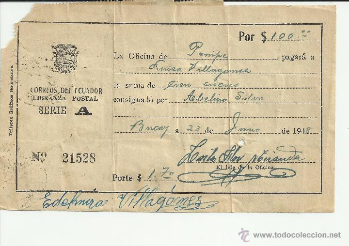 Sellos: ECUADOR 1948 DOCUMENTO LIBRANZA DE 100 SUCRES - Foto 2