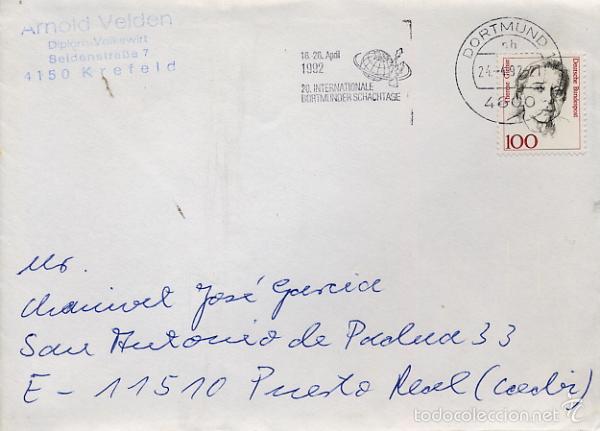 Francobolli: AJEDREZ CHESS - MATASELLO 20 INTERNATIONALE DORTMUNDER SCHACHTAGE 1992 EN SOBRE CIRCULADO